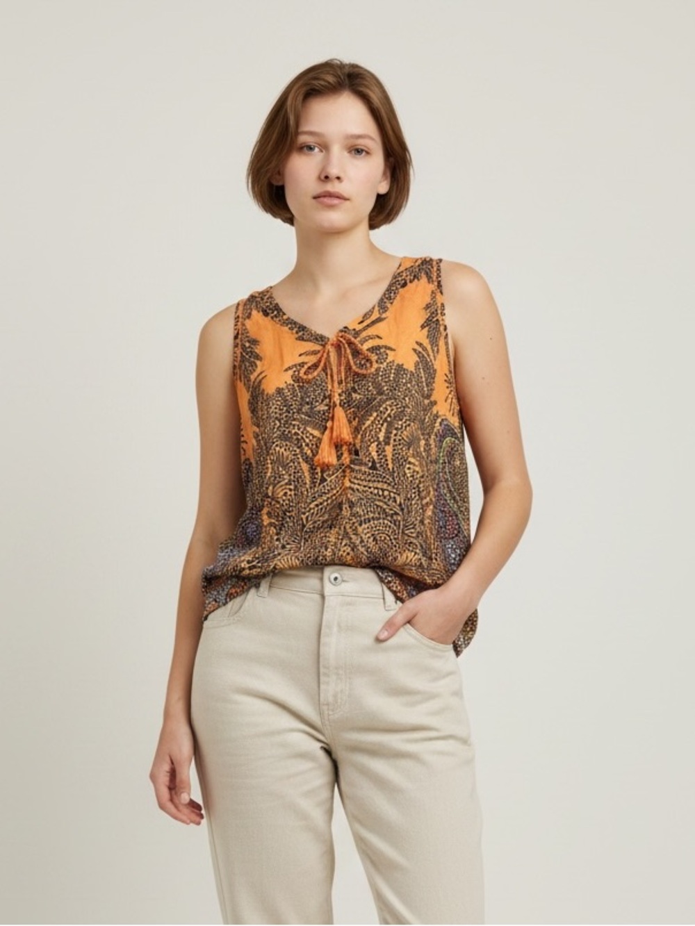 Sonoma Orange Printed Tie-Front Camisole Size Large Women’s V-Neck Top